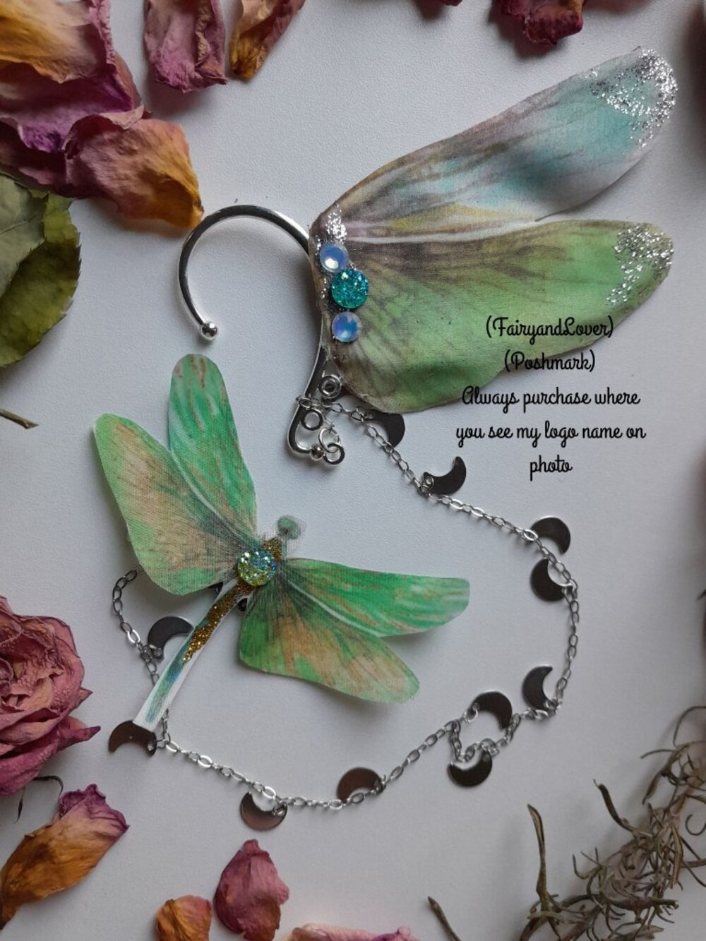 Fairy Dragonfly Silk Ear Cuff No Piercing with Chain & Hair Comb festival gift